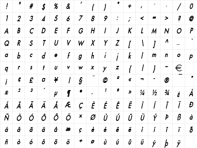 FusiCondensed BoldItalic Character Map FusiCondensed BoldItalic Character Map