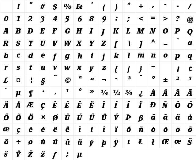PageSerifTF-BoldItalic Regular Character Map