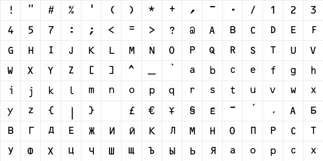 OCR-B10PitchBT Regular Character Map
