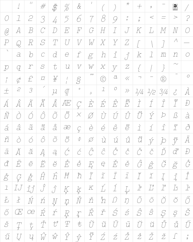 Typo Writer Thin Demo Italic Character Map