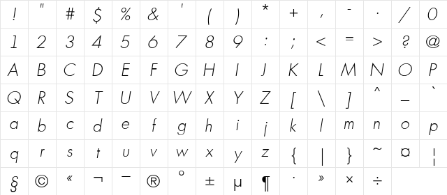 a_FuturicaLt ThinItalic Character Map a_FuturicaLt ThinItalic Character Map