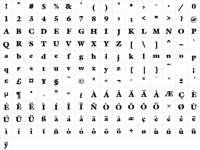 GalliardBldITC Ultra Character Map