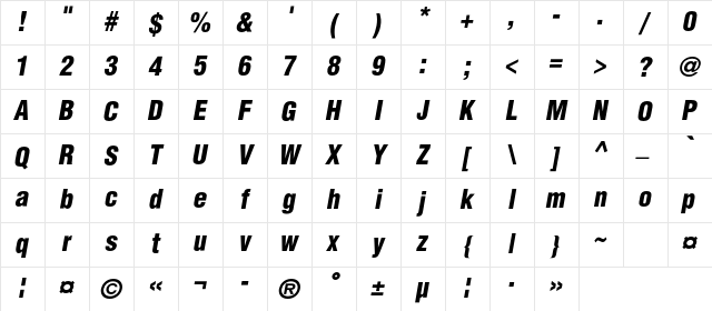 AGLettericaDemiCondensedC Italic Character Map