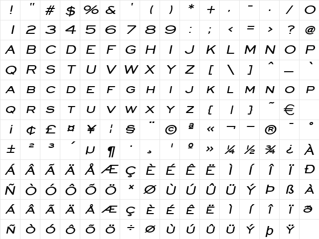 EyeglassWide BoldItalic Character Map EyeglassWide BoldItalic Character Map