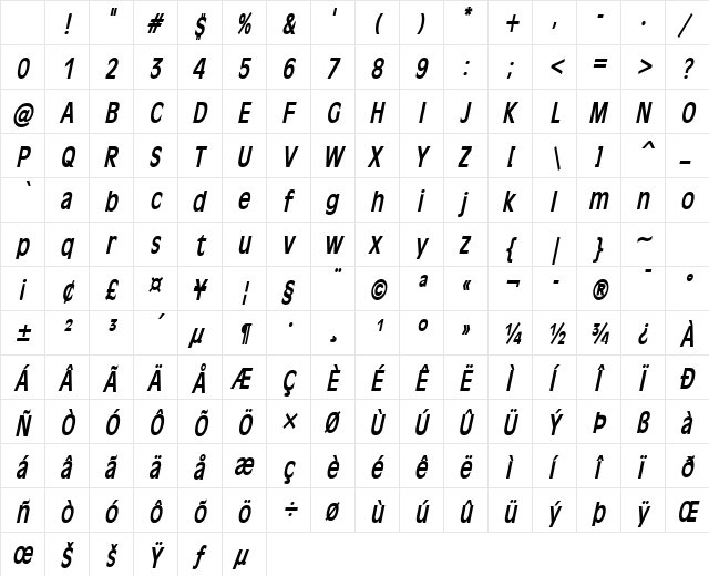 Antiqua101Thin BoldItalic Character Map Antiqua101Thin BoldItalic Character Map