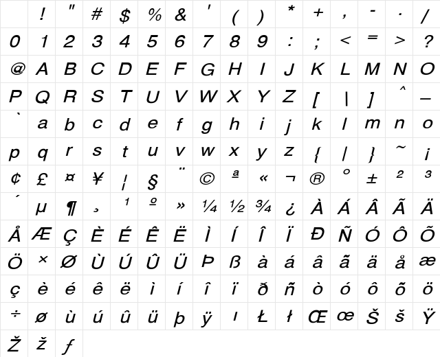 HelveticaExtObl-Normal Regular Character Map HelveticaExtObl-Normal Regular Character Map