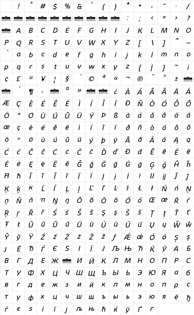 Kabrio Abarth Book Italic Character Map