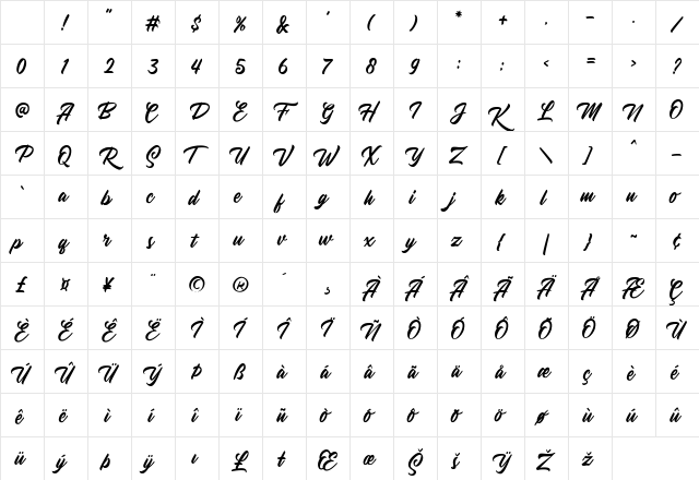 Youther Script Regular Character Map
