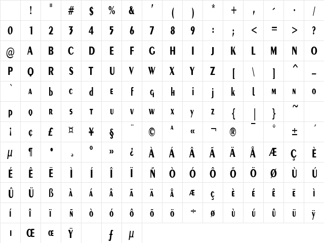 PenwinCondensed Bold Character Map