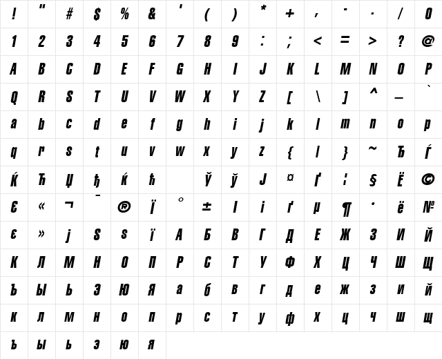 AGLettericaExtraCompressed Oblique Character Map