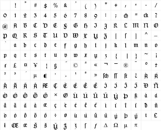 TypographerGotisch D Regular Character Map