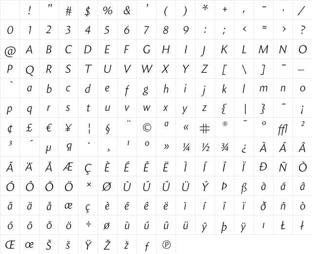 Amira Light Italic Character Map
