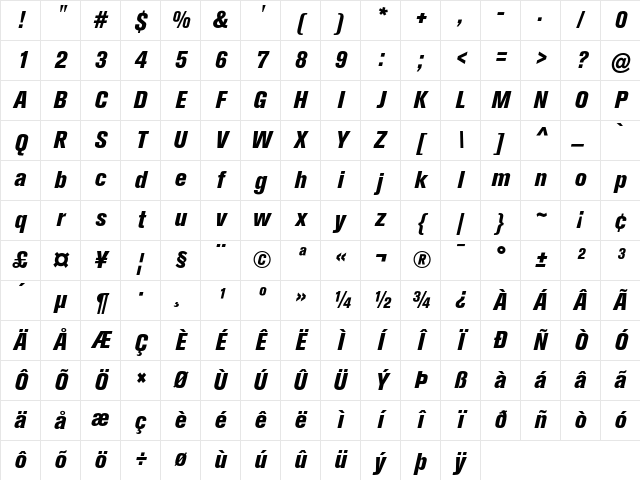 Akzidenz-Grotesk BQ Extra Bold Condensed Italic Character Map
