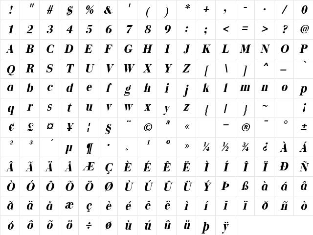 GE Quartz Bold Italic Character Map GE Quartz Bold Italic Character Map