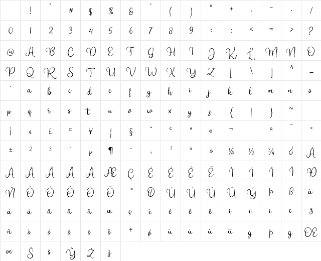 Bright Star Dafont Regular Character Map