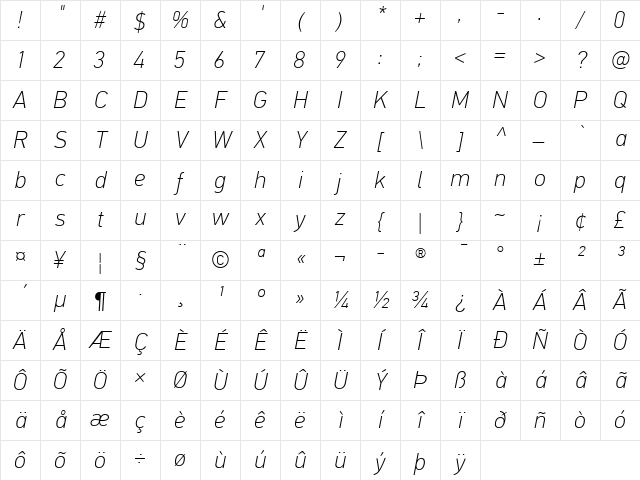PF DinText Pro Thin Italic Character Map PF DinText Pro Thin Italic Character Map