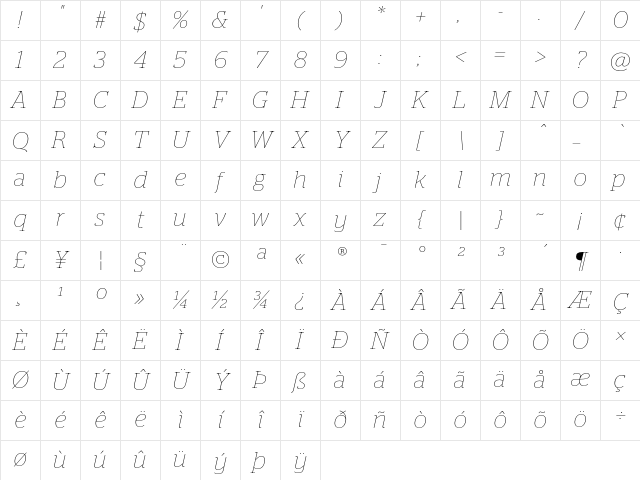 Stag Thin Italic Character Map Stag Thin Italic Character Map