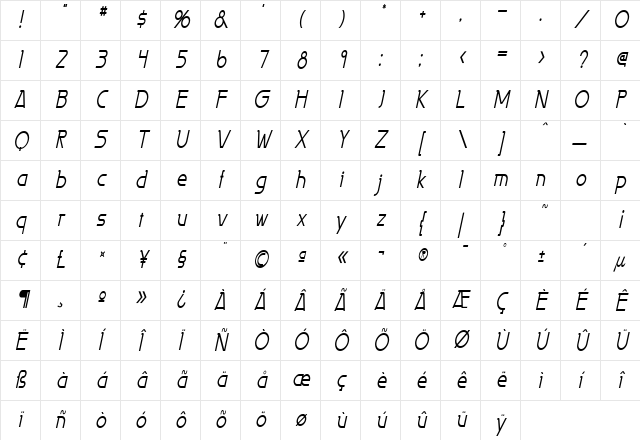 Persia Thin Italic Character Map