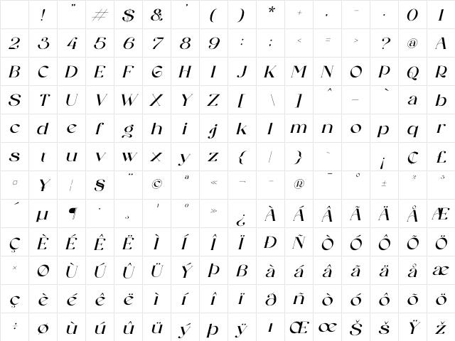 Galeriya Italic Regular Character Map
