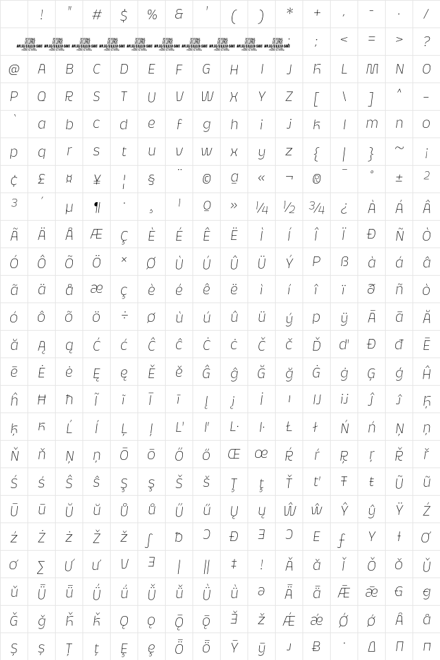 Galilea Sans PERSONAL USE Thin Italic Character Map Galilea Sans PERSONAL USE Thin Italic Character Map
