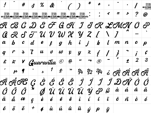 Guarantia PERSONAL USE Regular Character Map Guarantia PERSONAL USE Regular Character Map