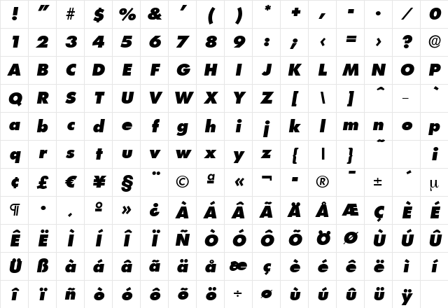 PeterBecker-Heavy Italic Character Map