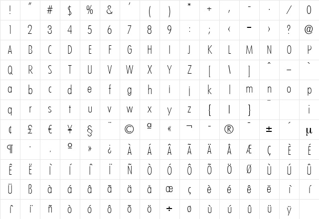PeterBeckerCond-ExtraLight Regular Character Map
