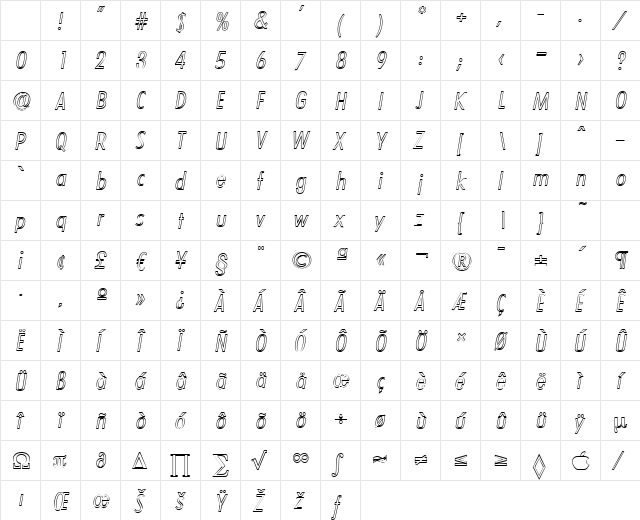 PeterBeckerCondOutline-Light Italic Character Map PeterBeckerCondOutline-Light Italic Character Map