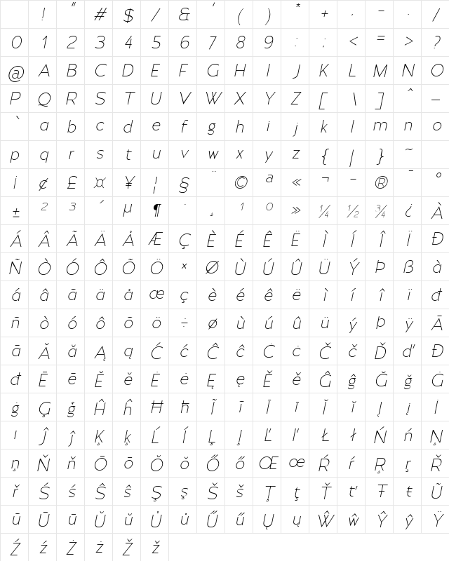 Moirest Light Italic Character Map Moirest Light Italic Character Map