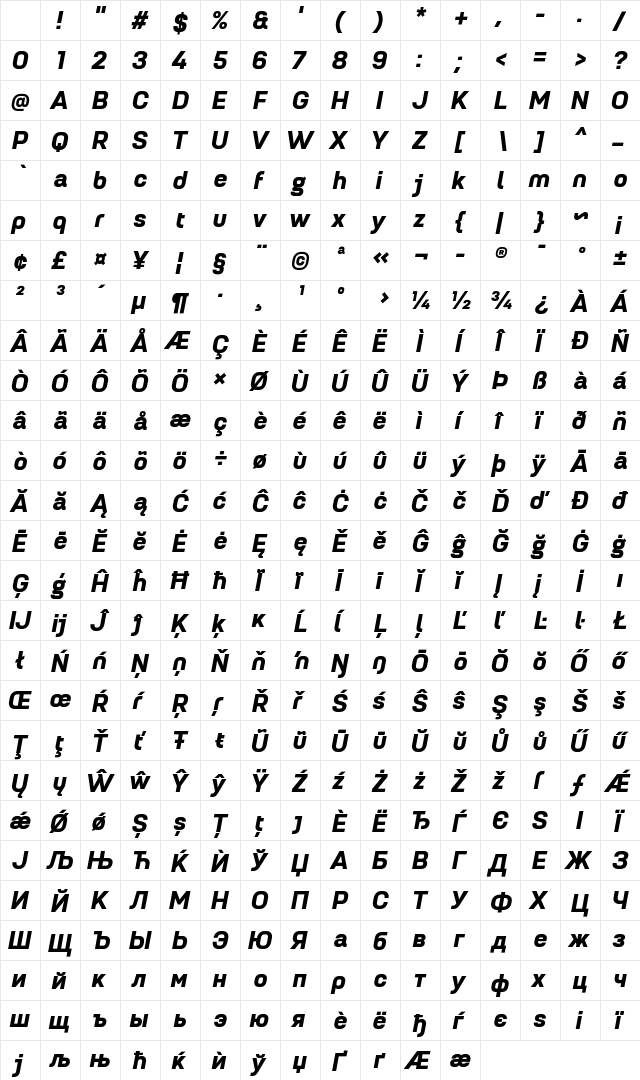 Petrov Sans ExtraBold Italic Regular Character Map Petrov Sans ExtraBold Italic Regular Character Map