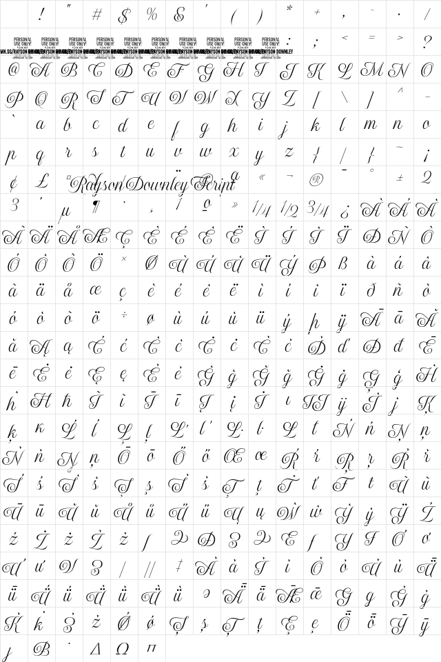 Rayson Downley Script PERSONAL Regular Character Map Rayson Downley Script PERSONAL Regular Character Map