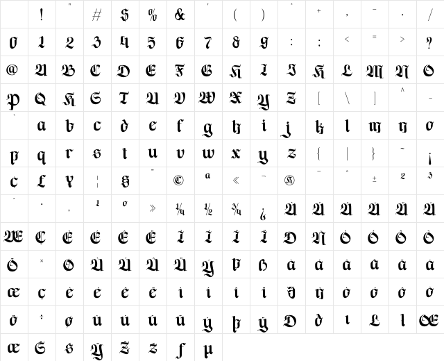 Regano Regular Character Map