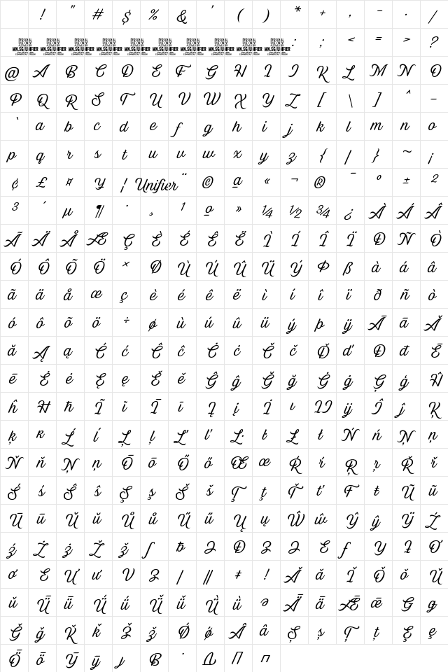 Unifier Script PERSONAL USE Regular Character Map