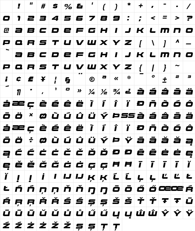 Uniwars Heavy Italic Character Map