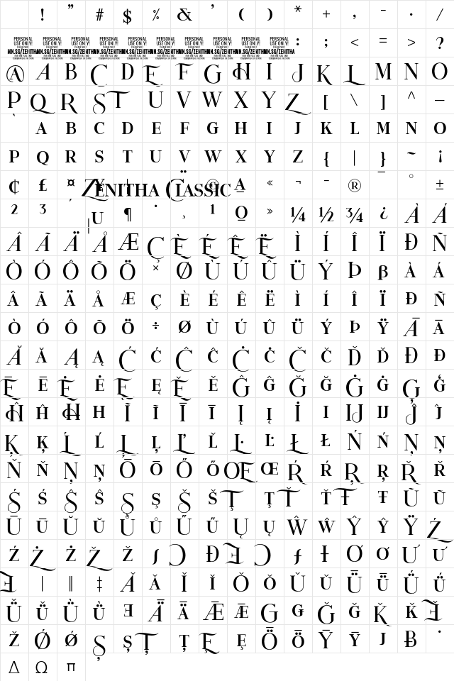 Zenitha Classic PERSONAL USE Regular Character Map
