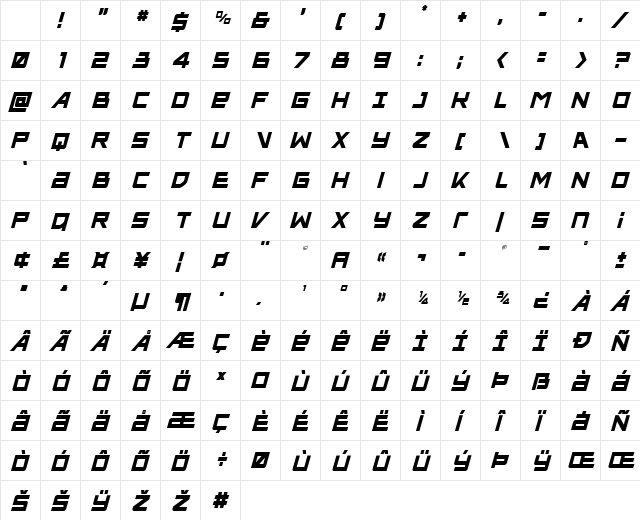 Ace of Swords Condensed Italic Regular Character Map