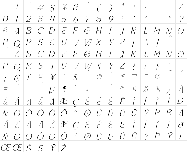 TAREKAH Italic Character Map TAREKAH Italic Character Map