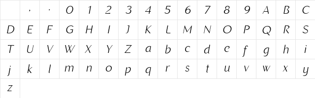 Recline Light Italic Character Map Recline Light Italic Character Map