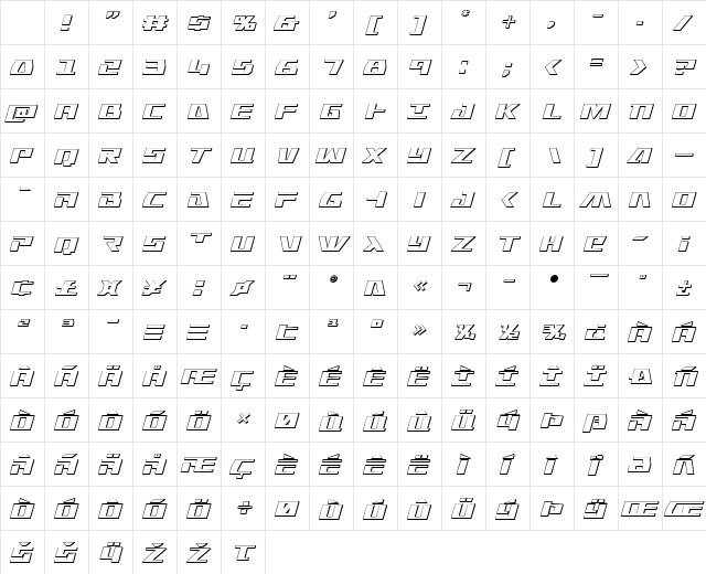Yamato Class 3D Italic Regular Character Map