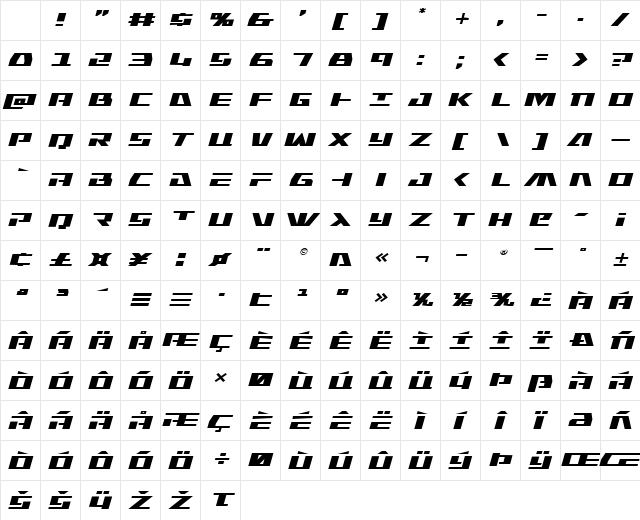 Yamato Class Expanded Italic Regular Character Map