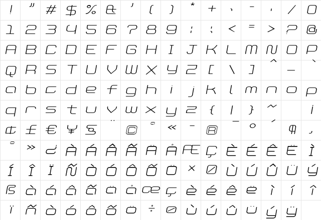 PhantomLight Italic Regular Character Map