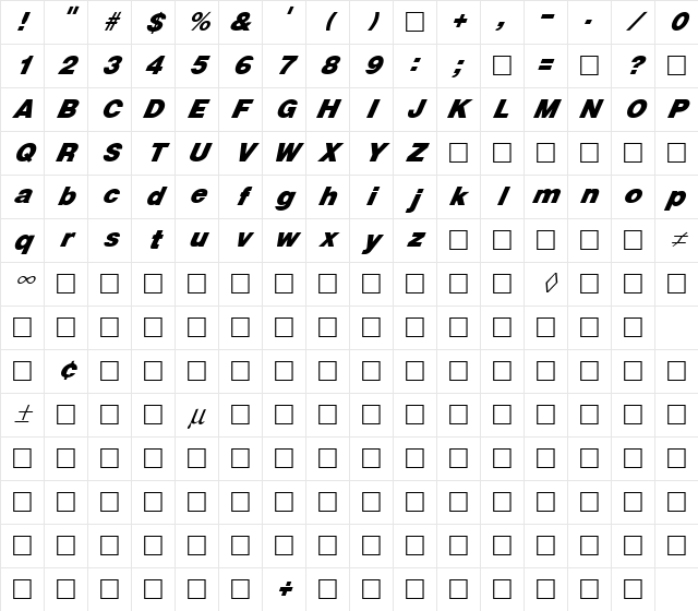FZ BASIC 13 ITALIC Normal Character Map
