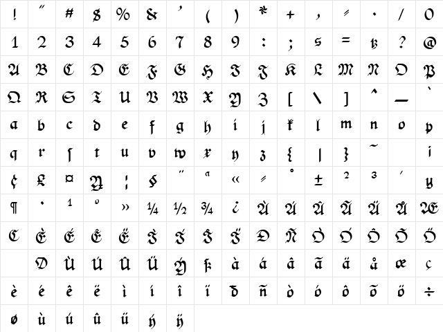 PhederFrackDtsh Bold Character Map