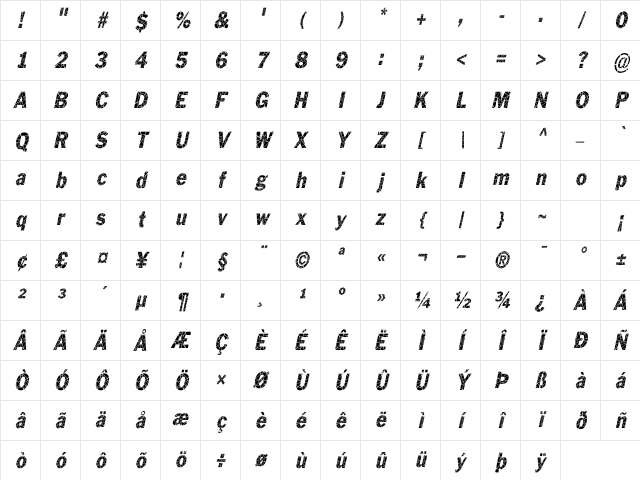 Philadelphia Cracked-Condensed Italic Character Map