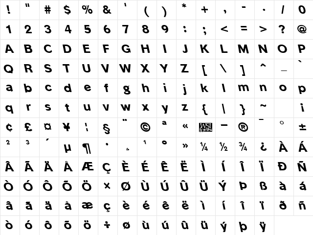 PhinsterLeftyXbold Regular Character Map