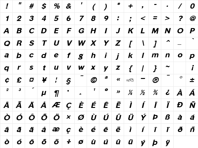 Phinster Extrabold Italic Character Map