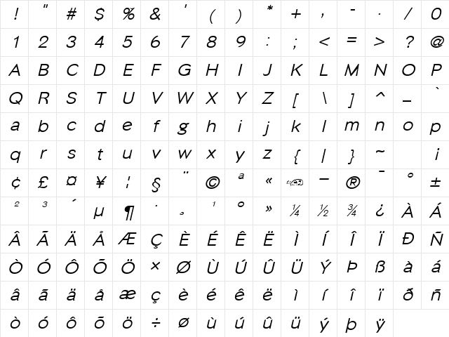 Phinster Italic Character Map