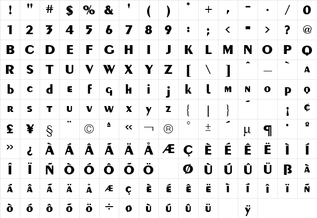 Piano Bold Regular Character Map