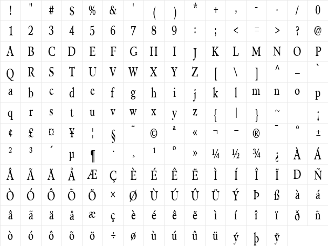 PilgrimCondensed Regular Character Map