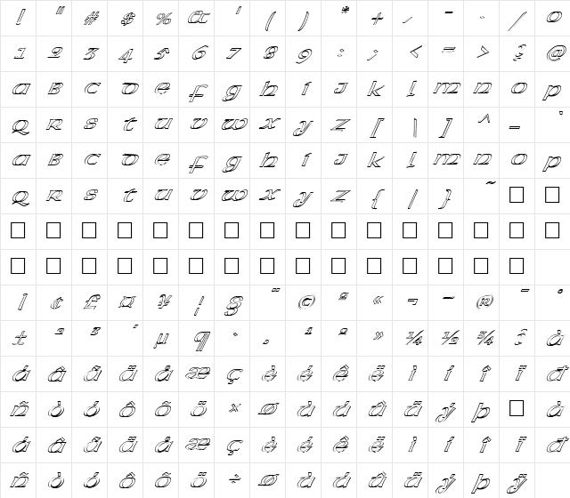FZ BASIC 43 HOLLOW ITALIC Normal Character Map FZ BASIC 43 HOLLOW ITALIC Normal Character Map
